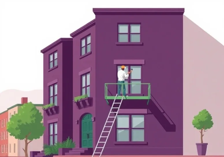 Peintre sur échafaudage traitant la façade d'une maison
